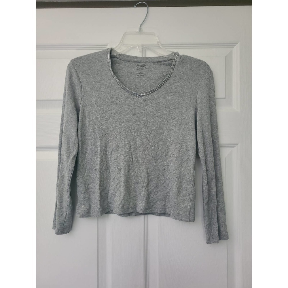 Talbots Petites Gray Embellished V-Neck Shirt SP